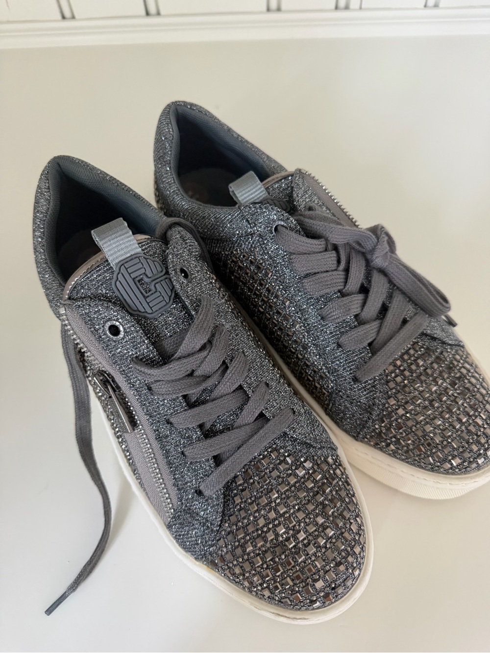 Men's Metallic Gray Lace-Up Sneakers with Side Zip